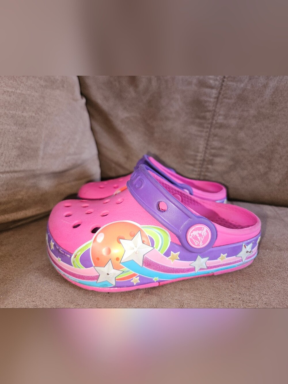 CROCS Sz C 8 Rare Pink and Purple Light Up Space Clogs
